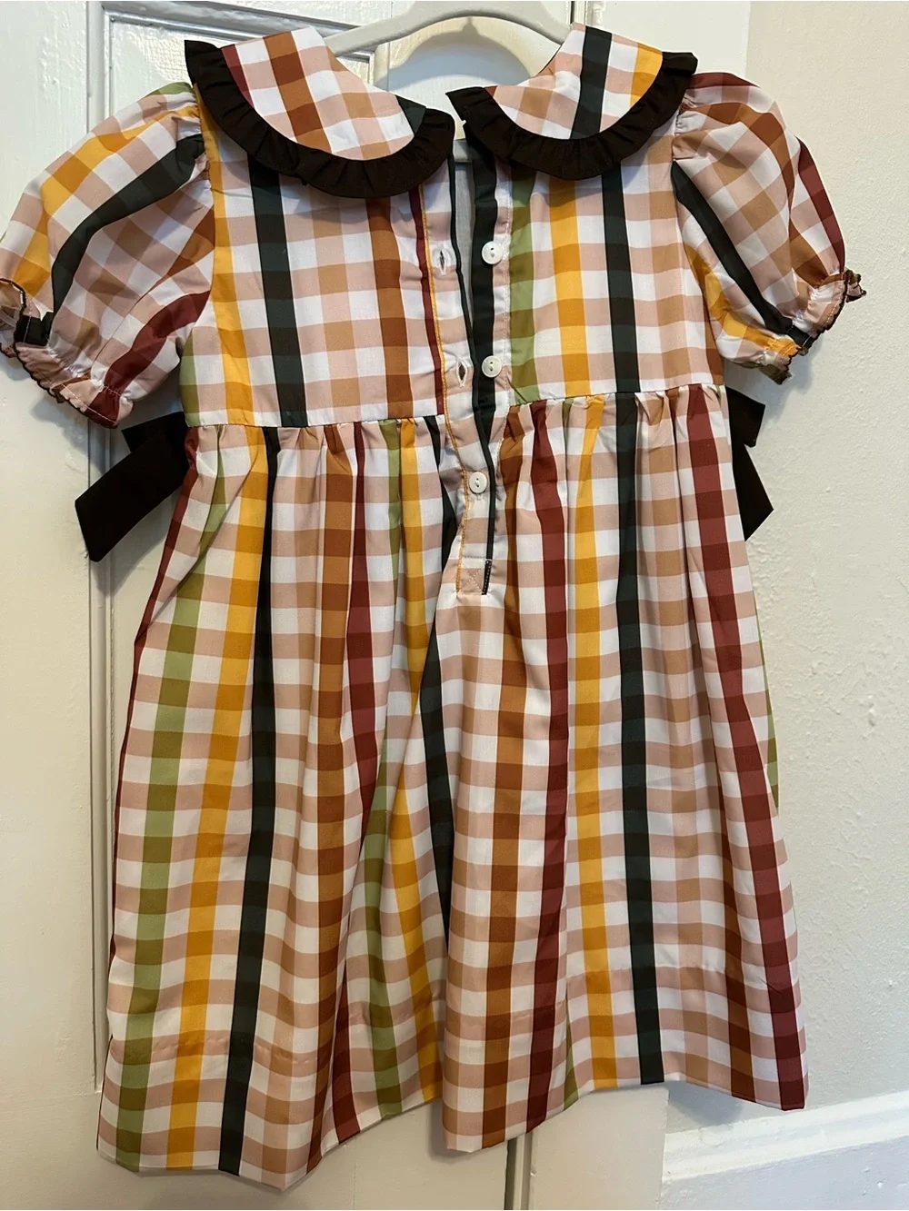 Girls 4TFall Plaid Smocked Gobble Dress w/ Turkey Embroidery - Brown & Multi